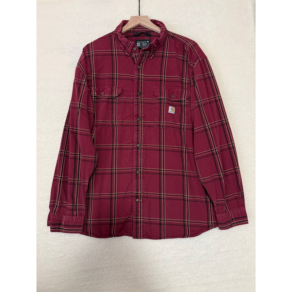 Carhartt Shirt Mens 2XL Red Plaid Flannel Loose Fit Long Sleeve Button Up